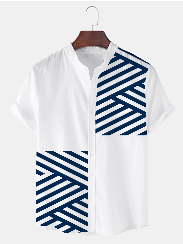 ChArmkpR Mens Striped Shirt Patchwork Stand Collar Casual Short Sleeve Casual Shirts (image for) ChArmkpR Mens Striped Shirt Patchwork Stand Collar Casual Short Sleeve Casual Shirts