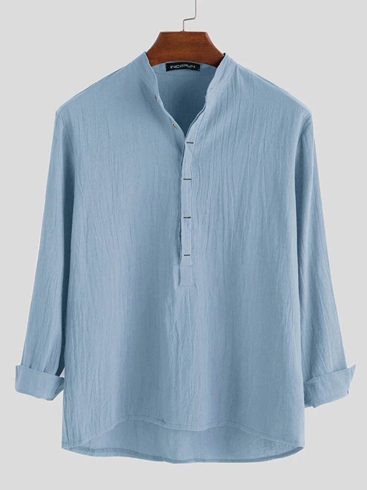 INCERUN Mens Solid Stand Collar Cotton Long Sleeve Henley Shirt (image for) INCERUN Mens Solid Stand Collar Cotton Long Sleeve Henley Shirt
