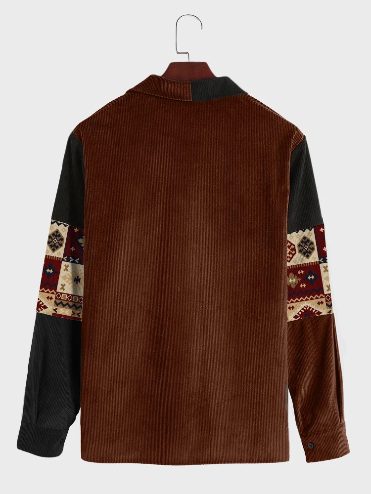 (image for) Mens Vintage Argyle Pattern Patchwork Ethnic Corduroy Long Sleeve Shirts